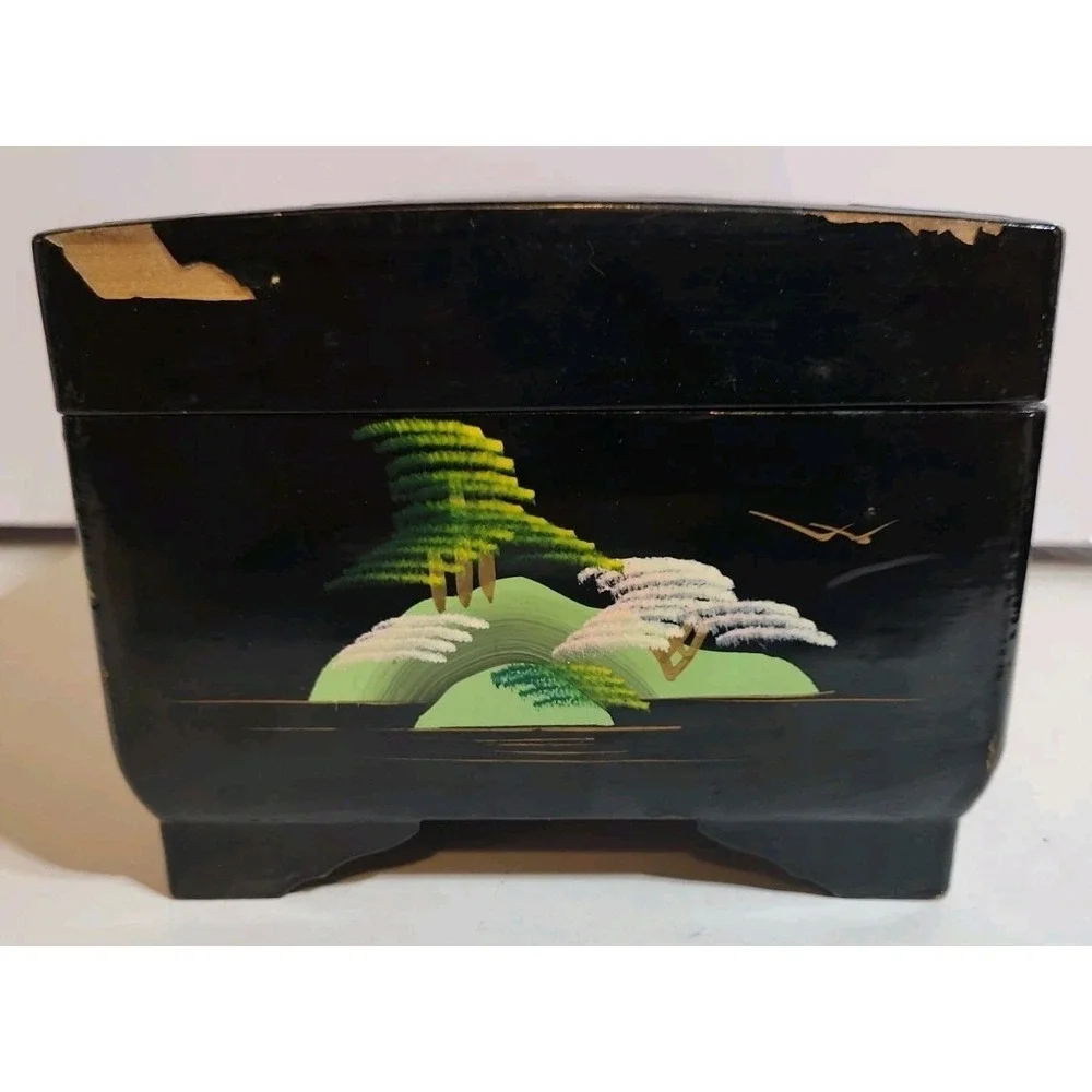 Vintage Crestline Japan Music Jewelry Box Black Lacquered Painted Mirror Locking